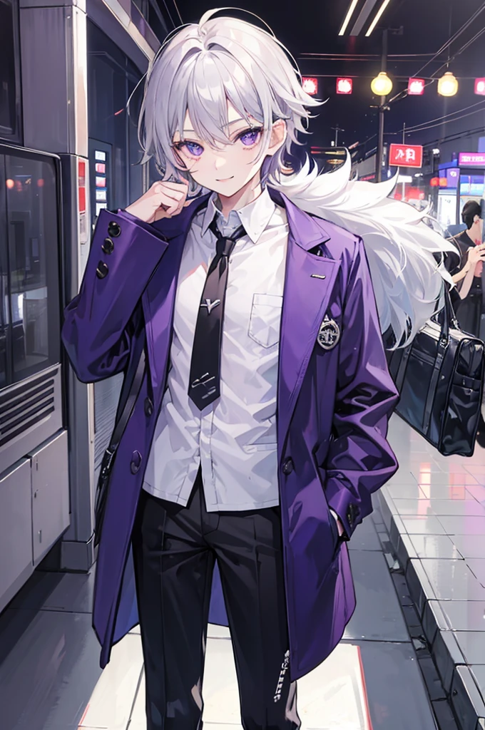 Young Boy, Grey Hair, Purple eyes, Smile, Modern Style, Handsome, Cool Boy, Naughty ???, teenager、whole body
