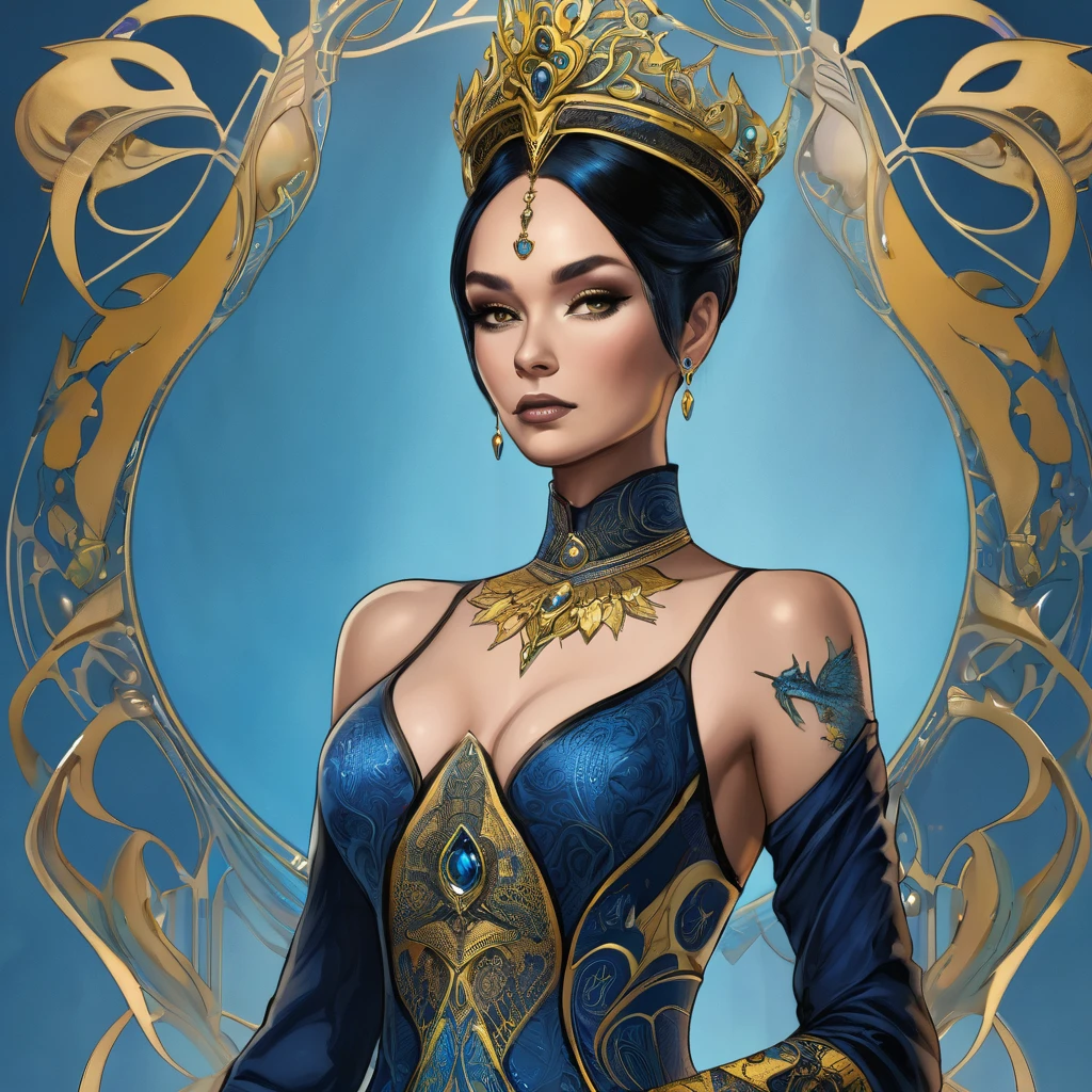 A beautiful lady wearing formal gown in blue and gold color with a tattoo name "Riiid" in her chest.she wearing a black crown and in the background there's adragon elwith futuristic elements