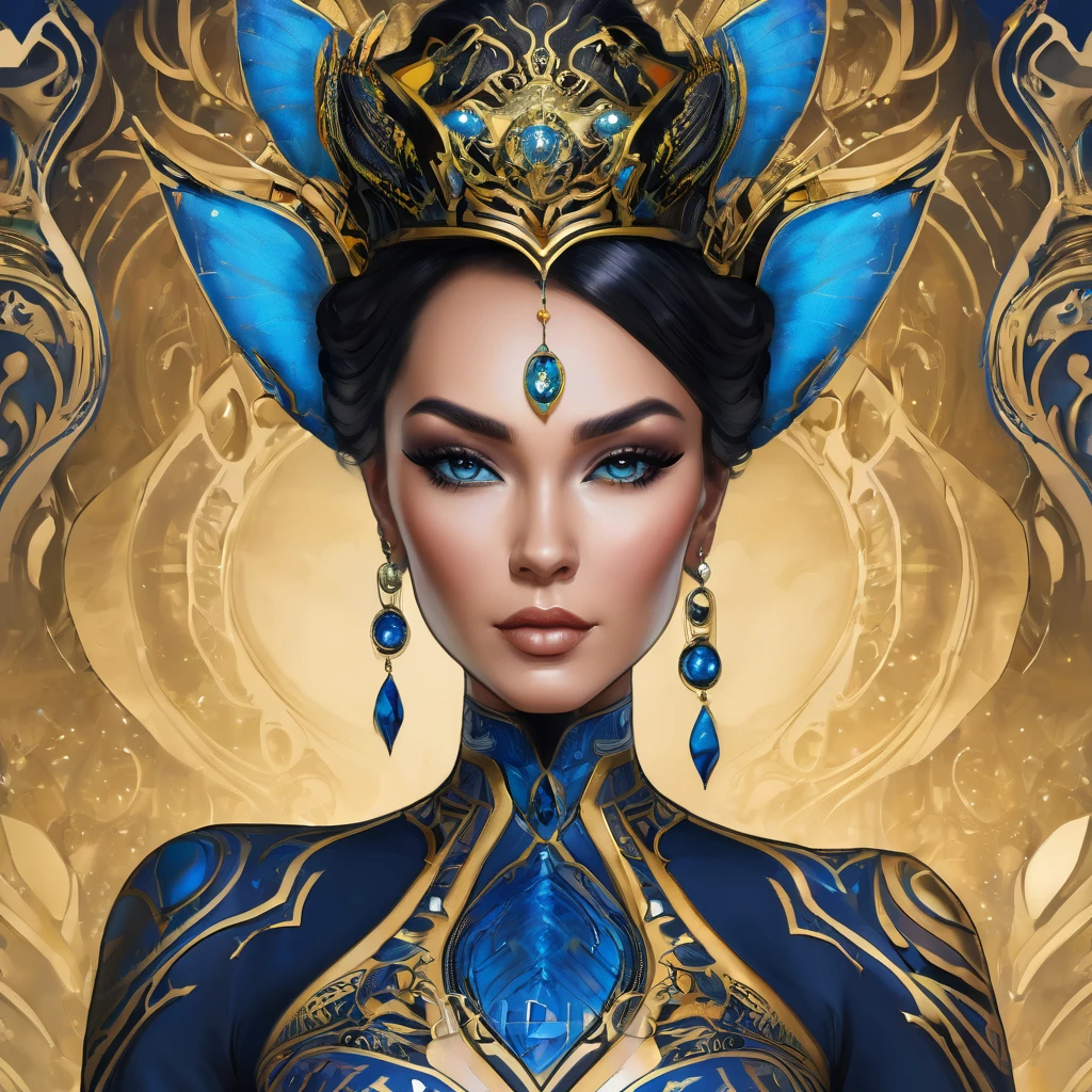 A beautiful lady wearing formal gown in blue and gold color with a tattoo name "Riiid" in her chest.she wearing a black crown and in the background there's adragon elwith futuristic elements