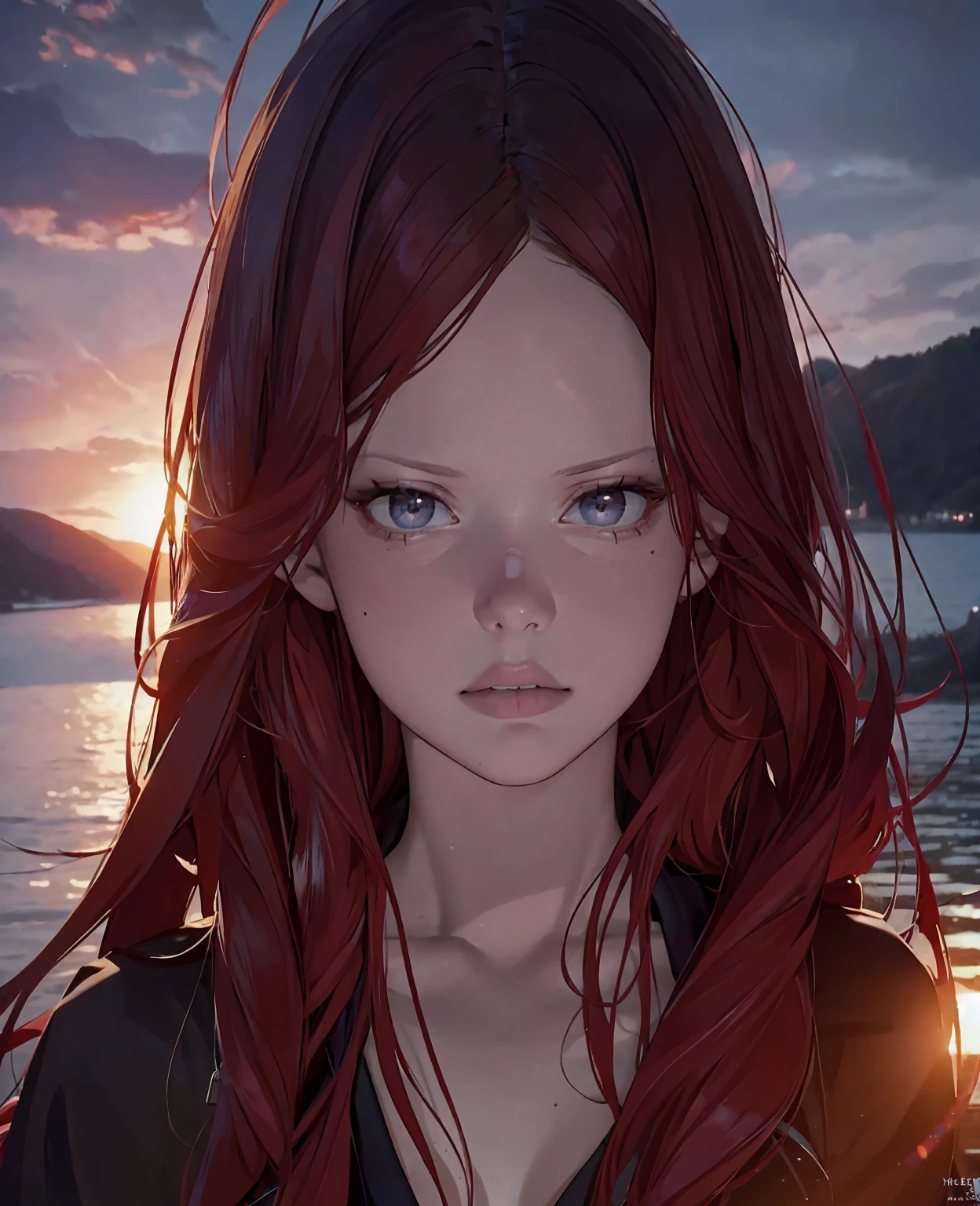 Mia goth as red hair woman, black hood, myriad lake,(best quality,4k,8k,highres,masterpiece:1.2),ultra-detailed,(realistic,photorealistic,photo-realistic:1.37),detailed face and eyes,long eyelashes,beautiful detailed lips,myriad lake scenery,dark fantasy,moody lighting,dramatic colors,dramatic chiaroscuro,gothic,cinematic,dramatic