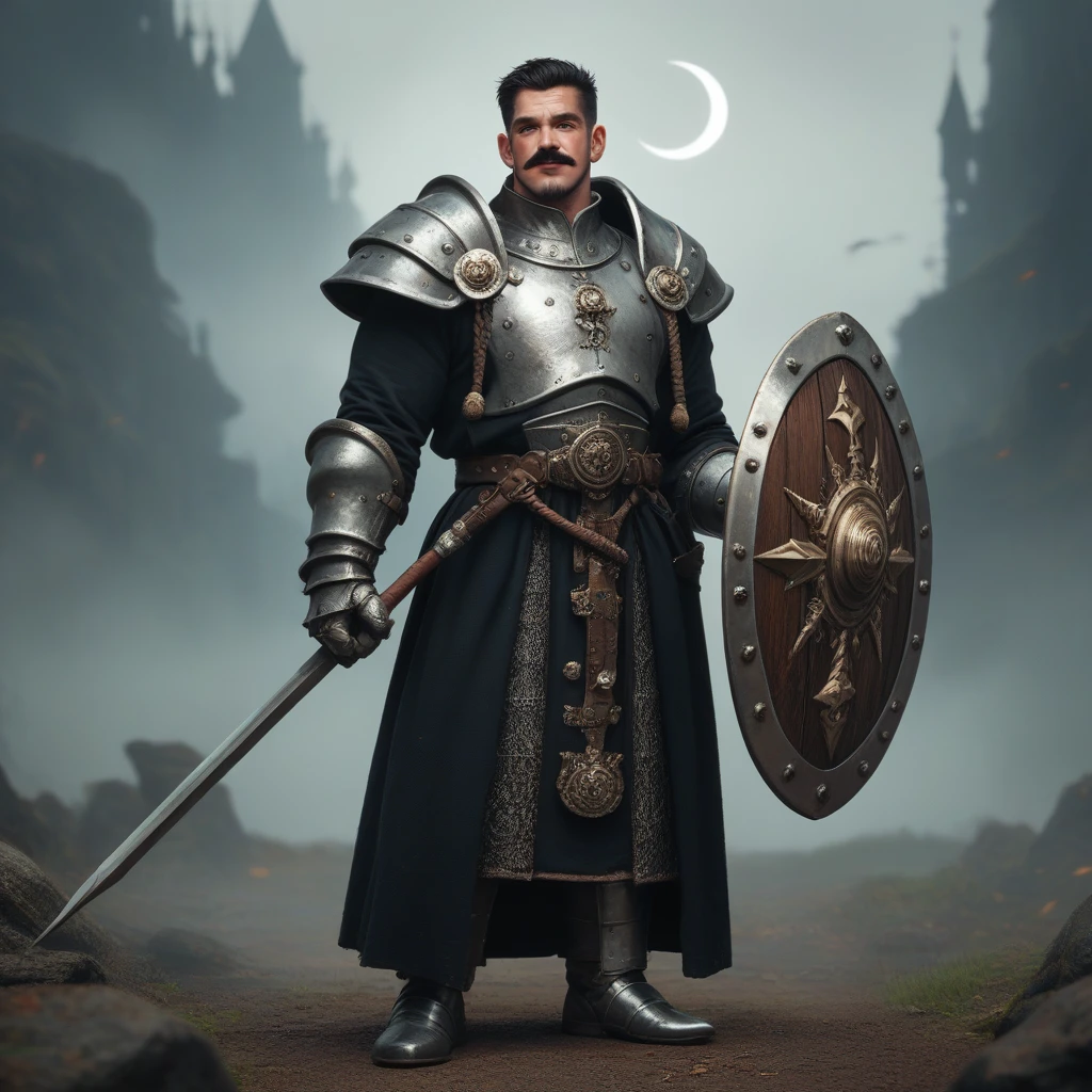 full-length photo of a 1.80 meter man, 90kg muscle mass, 35 - 40 years old, long black overcoat with silver patter, long and short hair, silvery eyes, black beard and moustache, medieval armor with clawed metal gloves. He hold a warhammer and a shield with a crescent moon engraved on it. A spectral owl is seated on his shoulder. Ultra quality, 4k, hd, 8k, masterpiece, high quality.