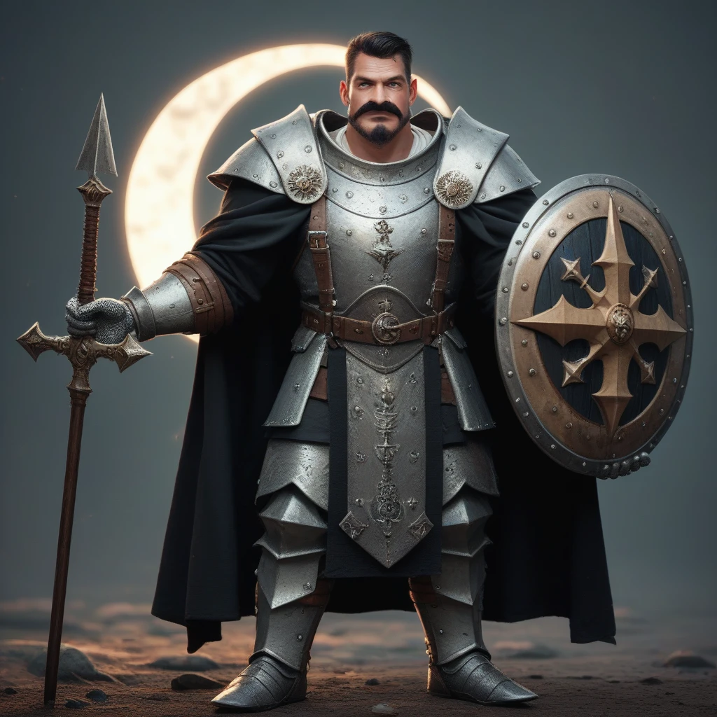 full-length photo of a 1.80 meter man, 90kg muscle mass, 35 - 40 years old, long black overcoat with silver patter, long and short hair, silvery eyes, black beard and moustache, medieval armor with clawed metal gloves. He hold a warhammer and a shield with a crescent moon engraved on it. A spectral owl is seated on his shoulder. Ultra quality, 4k, hd, 8k, masterpiece, high quality.