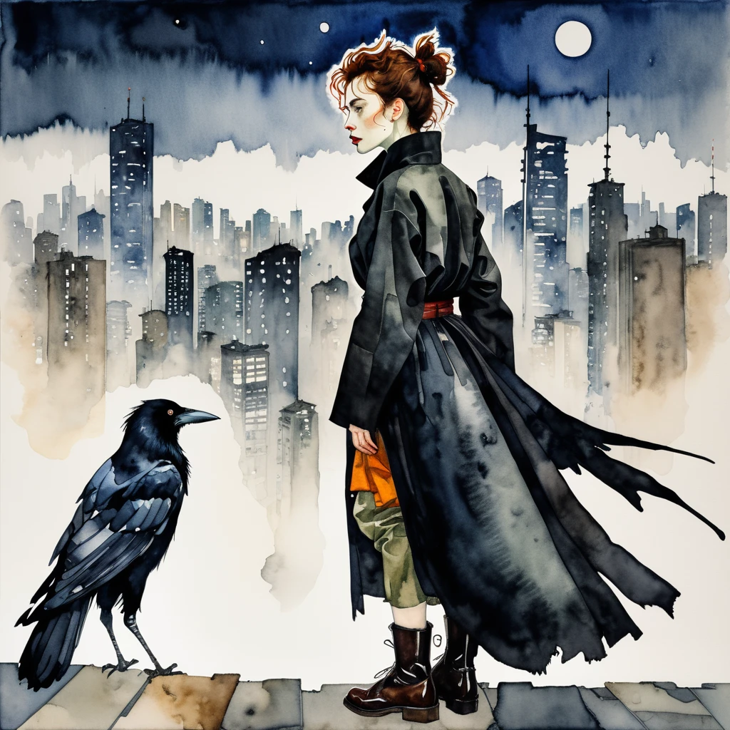 Cartoon. Cyberpunk. Full-length photo. Background is a Japanese skyscraper at midnight. Painted by Egon Schiele. Watercolor of heroine in profile on the ground dressed as a black crow.