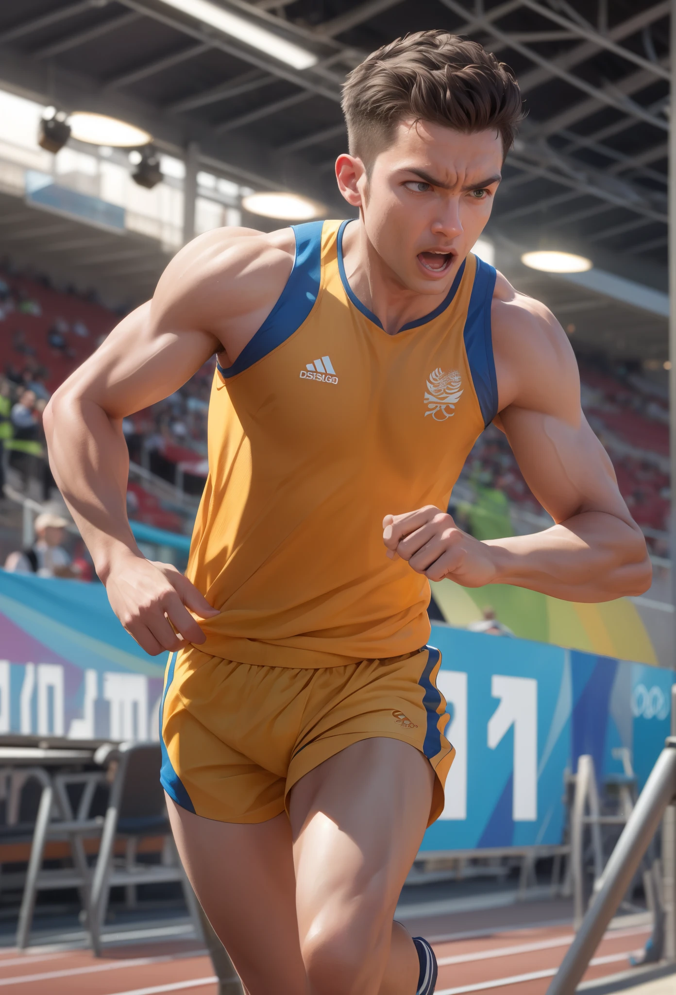 a highly detailed, dynamic and muscular male athlete, striking a powerful running pose, wearing olympic team uniform, sports gear, running on a track at the olympic games, cinematic lighting, dramatic colors, realistic, photorealistic, 8K, ultra-detailed, (best quality,4k,8k,highres,masterpiece:1.2),ultra-detailed,(realistic,photorealistic,photo-realistic:1.37),HDR,UHD,studio lighting,ultra-fine painting,sharp focus,physically-based rendering,extreme detail description,professional,vivid colors,bokeh