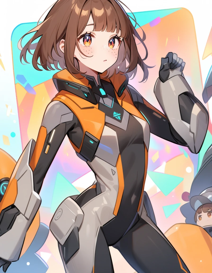 Man short brown hair with bangs, unique different colored eyes, freckles on her face and wears clothes like a futuristic suit, has a small flying robot that accompanies him.