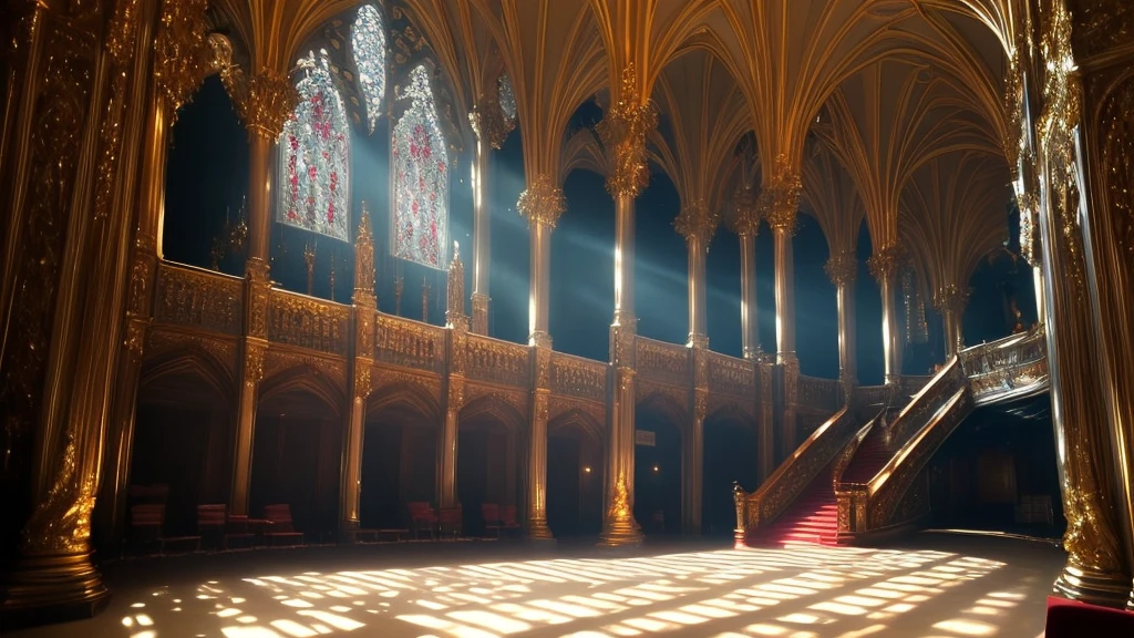 (masterpiece:1.2), (Highest quality,:1.2), 8k, High resolution, Super detailed, ((Realistic)), Professional Light, Cinema Lighting, Fashion Photography, Ambient Lighting, Atmospheric influence, All details, A long and magnificent Gothic hall, List, At the very back there are stairs leading up to a high platform., On the stage is an elaborate throne, Audience Room, Spectacular photos