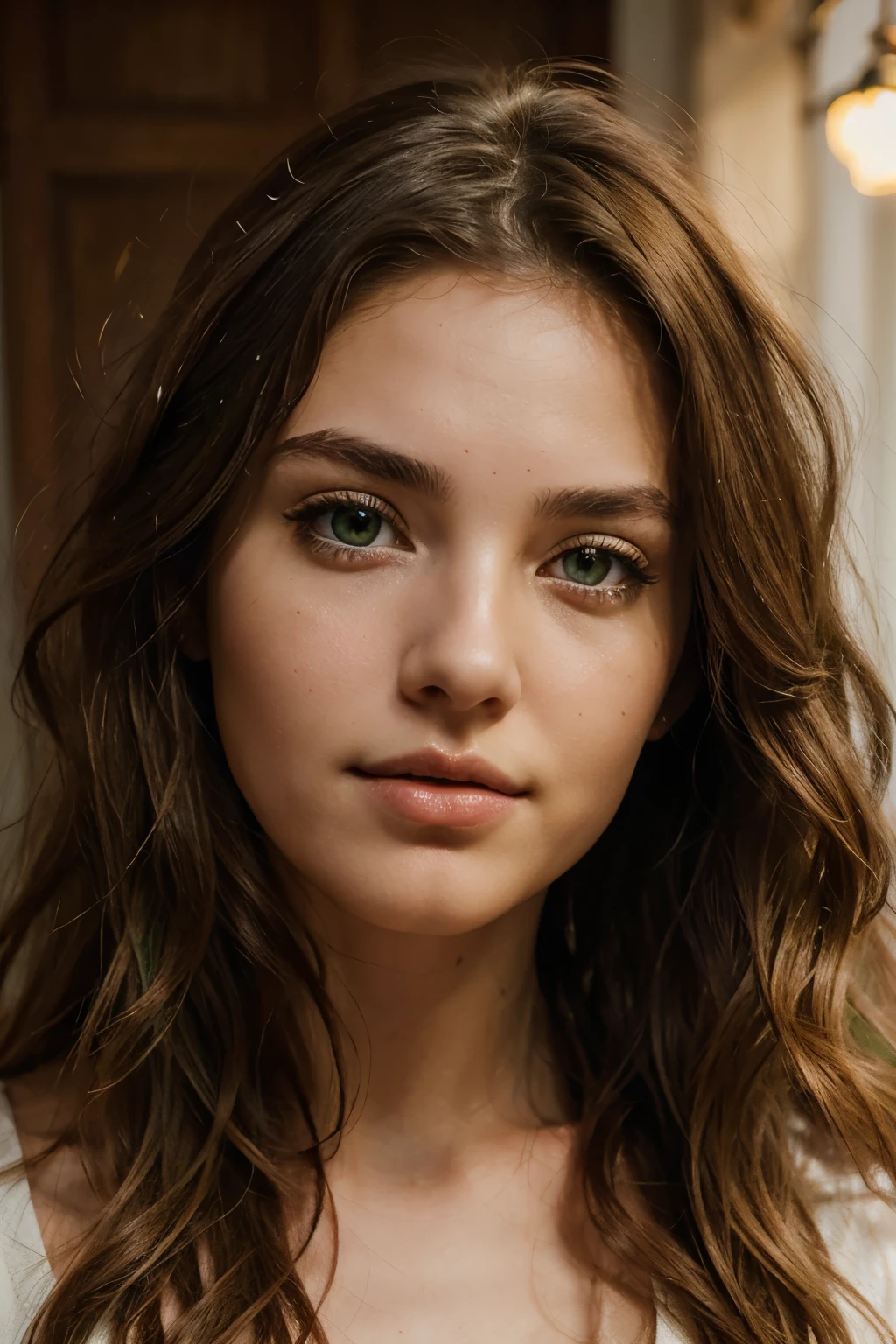 generate me the face of a very beautiful Italian woman, white and soft skin, green eyes, wavy hair, light brown, full lips, extremely detailed and realistic, white lighting to the face.