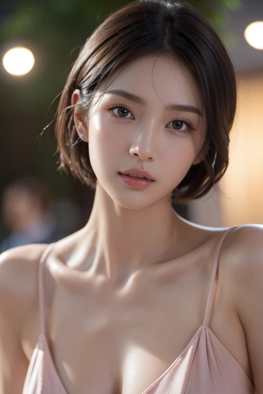 (highest quality,masterpiece:1.3,超A high resolution,),(Very detailed,Caustics),(Photorealistic:1.4,RAW shooting,)、Slim jawline、The face is thin、A little skinny、Slimmer jawline、Slim contours、Looking at this、Pink lips。Black Eyes、Large pupils、Ultra-Realistic Capture,Very detailed,High resolution 16K for human skin、 Natural skin texture、、Skin tone is even and healthy looking、 Use natural light and color,One Woman,Japanese,,cute,Brown Hair,Mid-length hair,(Written boundary depth、chromatic aberration、、Wide range of lighting、Natural Shading、)、(Outdoor lighting at night:1.4)、(Hair swaying in the wind:1)、short hair、Holding hands