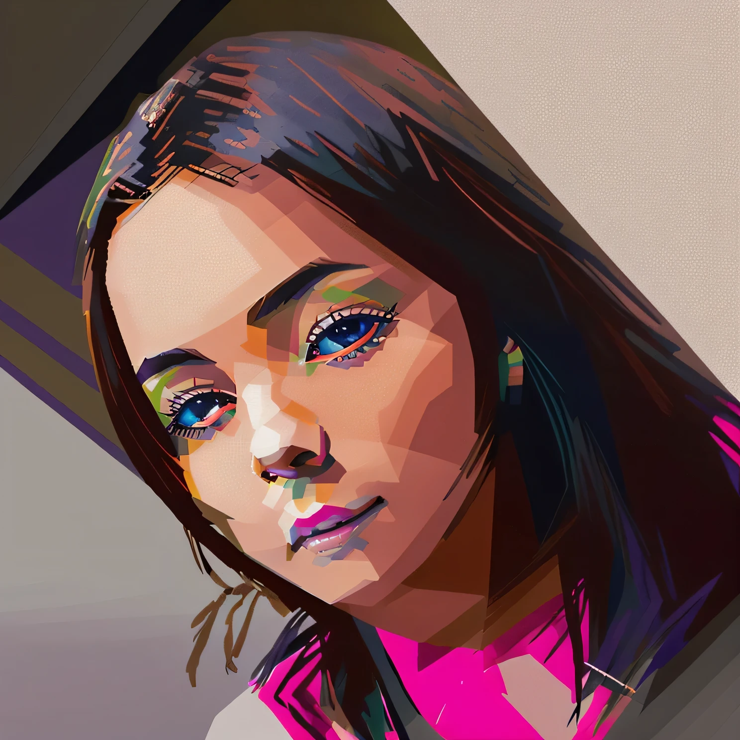 there is a young girl with long hair and a pink shirt, violet myers, alanis guillen, she is about 1 6 , taken in the early 2020s, headshot profile picture, isabela moner, headshot photo, nice afternoon lighting, very very low quality picture, with the sun shining on it, by reyna rochinHD, (Best Detail), (Best Quality), WPAP style, color coordination,