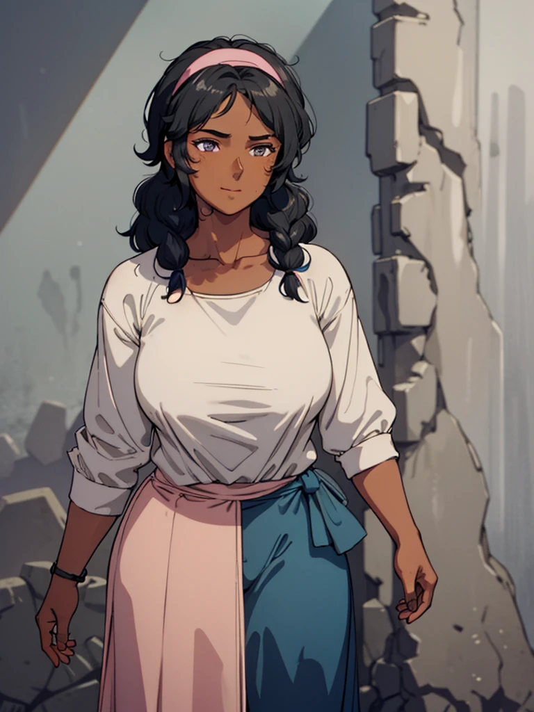 best quality,1girl,solo,(dark skin:1.2),black hair,curly hair,(shaggy cut),(pink headband),pale blue outfit,((farmer)),fantasy outfit,stocky jaw,perfect eyes,revealing neckline,collarbone,smile,hyper huge breasts, wide hips, thick thighs, tall girl, burly girl, brawny, fat girl,thick lips,standing against the wall,(simple background),gray background,