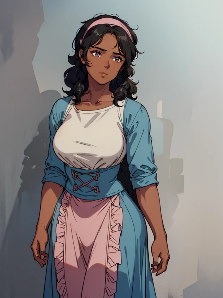 best quality,1girl,solo,(dark skin:1.2),black hair,curly hair,(shaggy cut),(pink headband),pale blue outfit,((farmer)),fantasy outfit,stocky jaw,perfect eyes,revealing neckline,collarbone,smile,hyper huge breasts, wide hips, thick thighs, tall girl, burly girl, brawny, fat girl,thick lips,standing against the wall,(simple background),gray background,