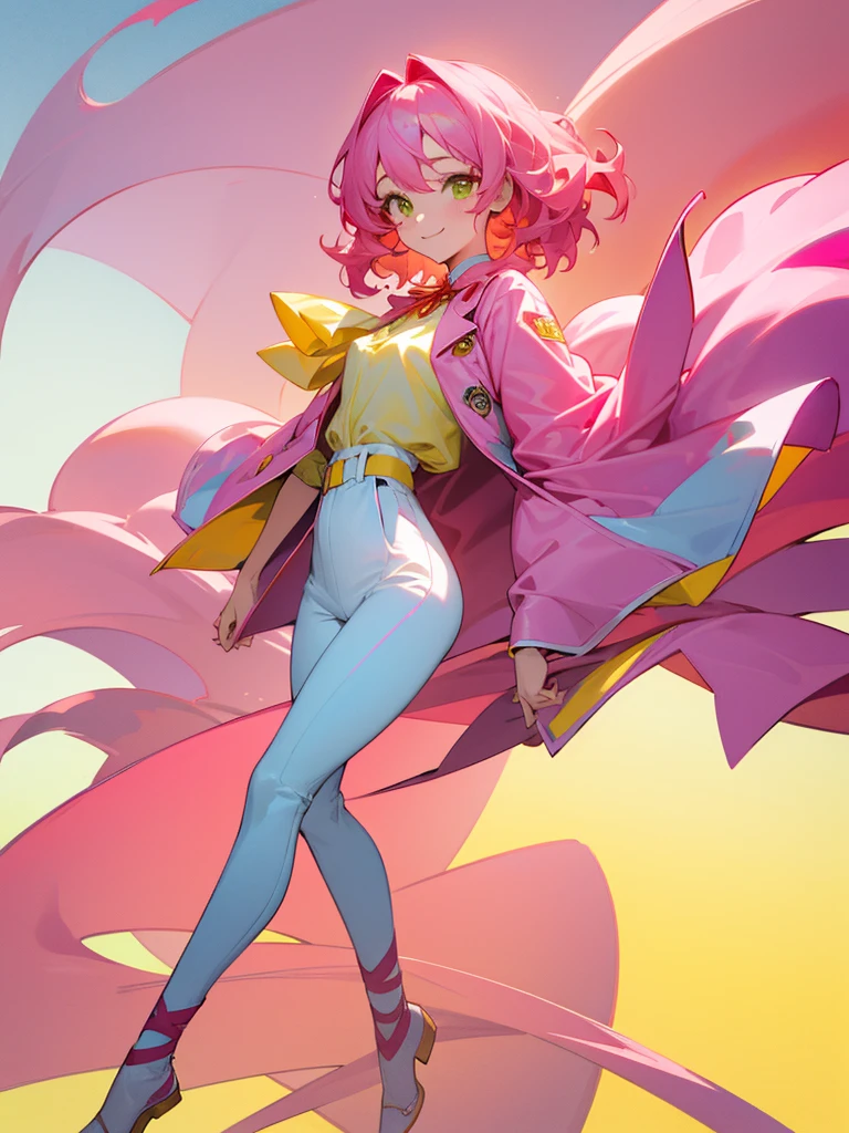 One girl, Pink Hair, Medium Hair, The tips of the hair are wavy,smile, Yellow-green eyes,White blouse,Red ribbon at neck,Pink outerwear,Blue pants,Full body portrait