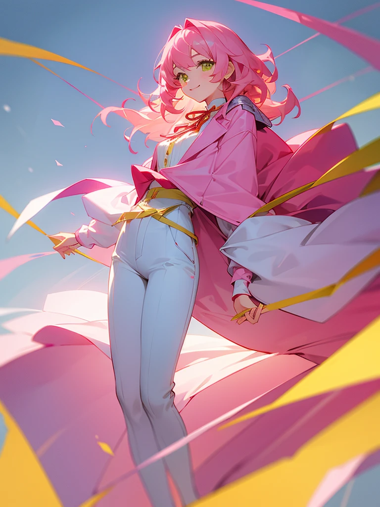 One girl, Pink Hair, Medium Hair, The tips of the hair are wavy,smile, Yellow-green eyes,White blouse,Red ribbon at neck,Pink outerwear,Blue pants,Full body portrait