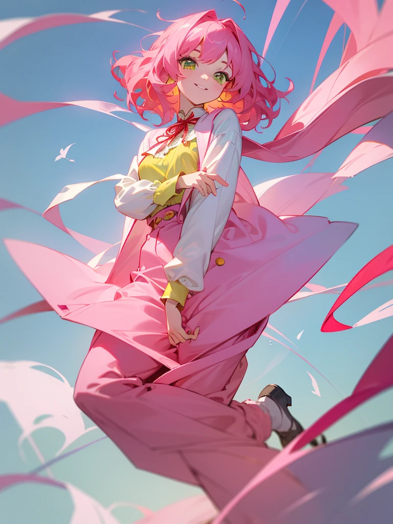 One girl, Pink Hair, Medium Hair, The tips of the hair are wavy,smile, Yellow-green eyes,White blouse,Red ribbon at neck,Pink outerwear,Blue pants,Full body portrait