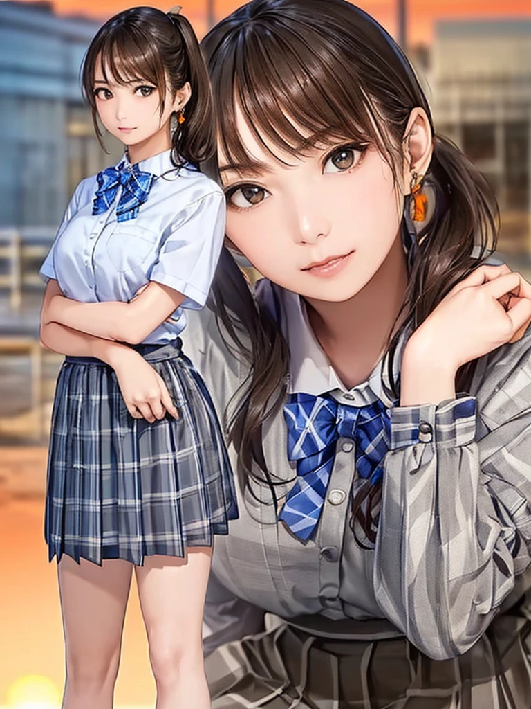 (Highest quality、8k、32K、masterpiece)、(Realistic)、(Realistic:1.2)、(High resolution)、Very detailed、Very beautiful face and eyes、(((Women's Solo Shot)))、Tight waist、(Highest quality、Attention to detail、Rich skin detail)、(Highest quality、8k、Oil paints:1.2)、(Realistic、Realistic:1.37)、Bright colors、(((Cowboy Shot)))、(((Bob Hair)))、(((Medium Hair)))、(((Side Ponytail)))、(((I'm a little angry)))、(((Brown Hair)))、((Collared short-sleeved shirt, White shirt, , Grey plaid pleated skirt, Blue checked bow tie), )、(((Schoolyard at dusk)))、(((Arms crossed、Standing with your legs apart、)))、(((Orange sky)))、