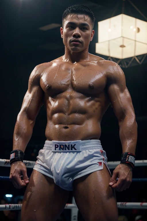 a Thai boxer, standing, handsome guy, bulky male, wet body, expose the penis, huge penis, park sharp eyes, Full Frame, Professional Lighting, dark background.