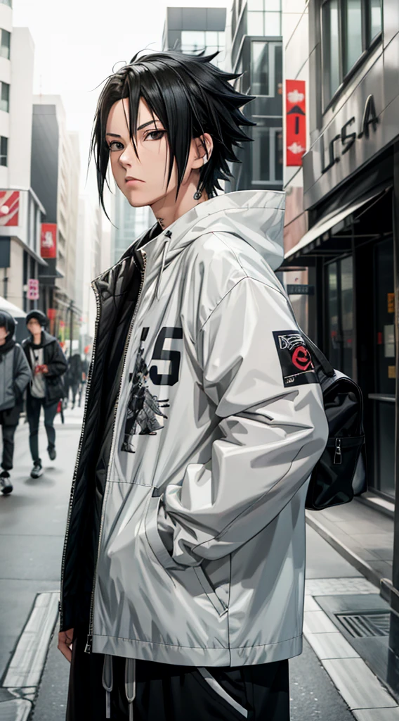 masterpiece, One boy, Great style, Urban Streetwear Outfit, Outdoor, Upper Body, sasuke uchiha, Grey Eyes, Black Hair, かっこいい男の子Black Hair, Filmographyを隠す髪, Filmography