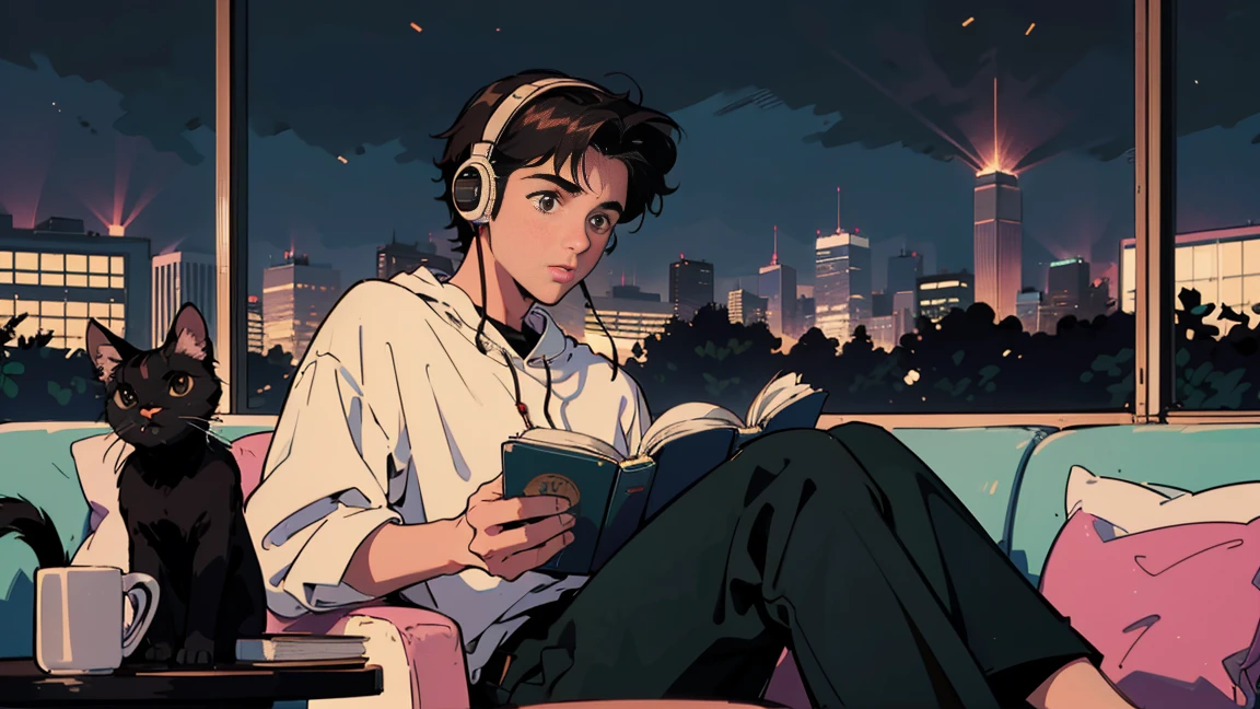 Highest quality, 8k, 1990s style,Hairstyles of the 2010s, 21 year old boy, Black Hair, Light brown eyes, City Pop, pants ,Night view, Wear headphones,Reading a book, whole body, Relax Coffee,table,making,look at me, Black cat