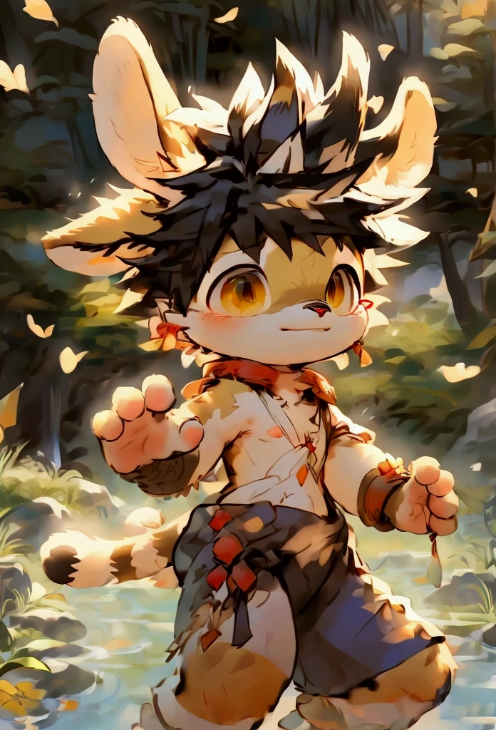 masterpiece，best quality，Gauss，Practical， 1 boy，Male focus，solitary， （Delicate eyes and delicate face） , （Handsome face） , （Perfect anatomical structure） ，Thick eyebrows，Short hair details，Very fine details， 4K , 8K ，Light，Amazing Art，Beautiful scenery  , （Deer bathing in a clear mountain spring） , （blue or white or red sexy） ，moisture，The tree，Rios，Short hair details，view，Colorful Light，Very shy，Right hand，Beautiful flowers and green leaves，antlers，Deer Boy，Toddler，byPino Deheni, dance, Milk Tiger 1145, dagger, Yes，