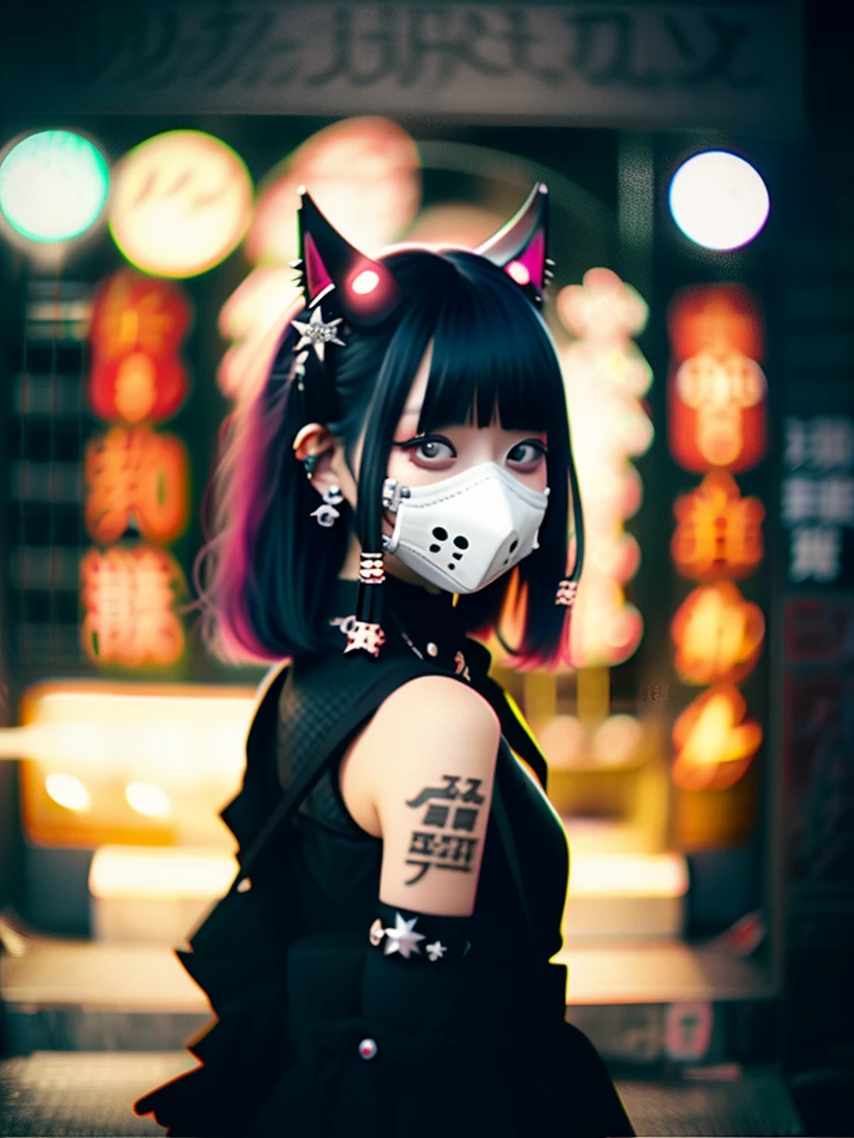 Red-haired、goth_punk, 1girl in, solo, medium shot, Walking in Harajuku, ((during night)), bokeh dof, Neon light, Iridescent eyes, starrysky, Red glowing hair, White eyebrows, Radiant hair, (iridescent white hair), earrings, bangss, jewely, masks, bluntbangs, verd s eyes, Mouth mask, blurry backround, bblurry, hair adornments, Look at viewers, shorth hair, portraitures, side locks