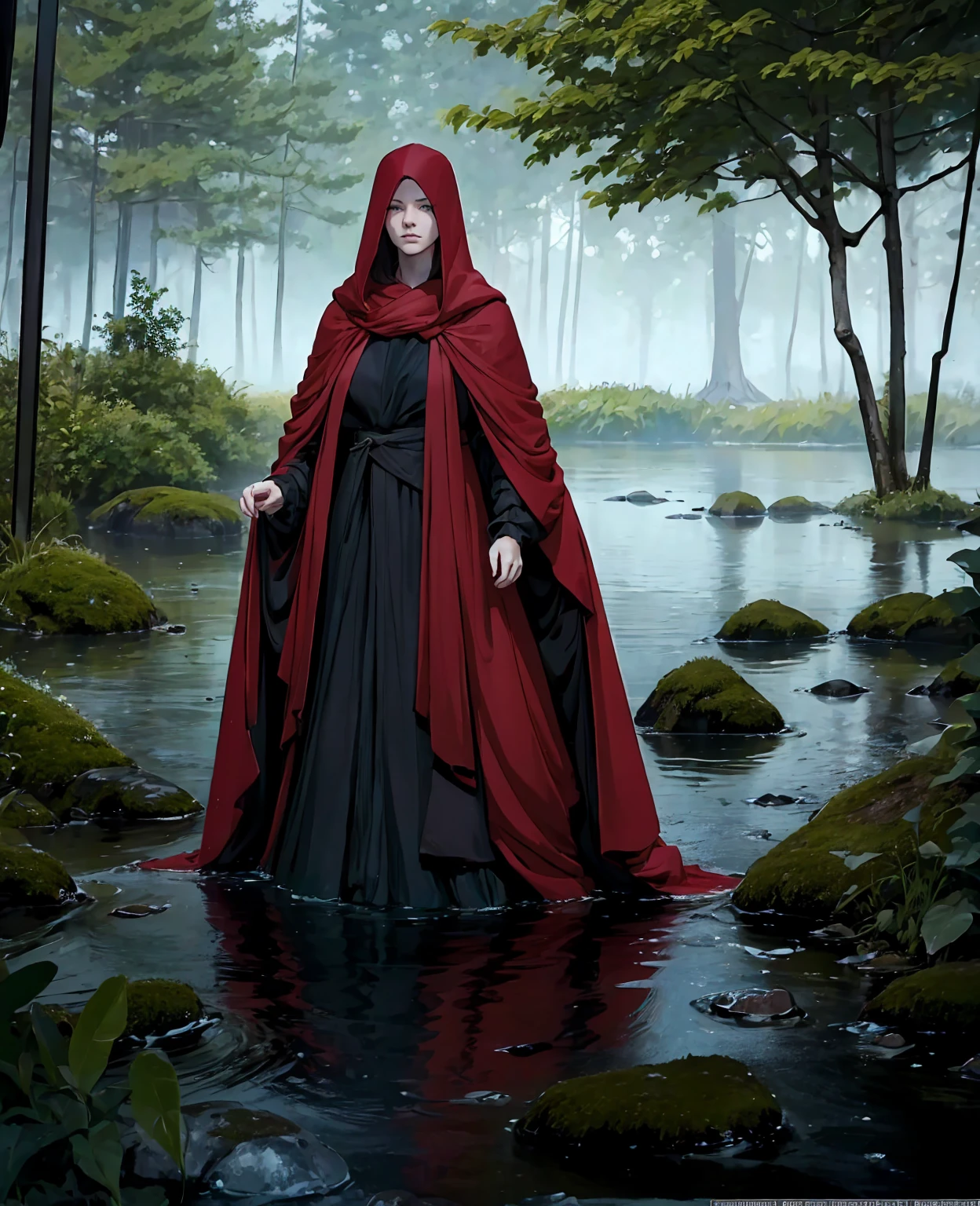 A beautiful young woman with long, flowing red hair, wearing a sexy black hooded cloak, standing in a serene lake forest landscape, (best quality,4k,8k,highres,masterpiece:1.2),ultra-detailed,(realistic,photorealistic,photo-realistic:1.37),detailed facial features, beautiful eyes, captivating expression, mist over the lake, lush greenery, sunlight filtering through the trees, dramatic lighting, fantasy, conceptual art