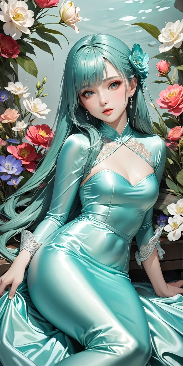 Portraiture、(masterpiece,Highest quality,Ultra-high resolution),Japanese women, (((Very beautiful 25 year old girl))),She is wearing a shiny pale turquoise satin long sleeve dress.、Pale turquoise satin gloves、The dress has a simple design without any patterns..、Skirt only mermaid style、The dress is made of a very shiny fabric.