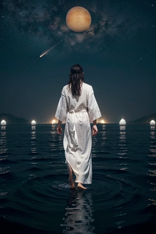 Can you describe a vivid and realistic scene, in which a person, dressed in a white robe, walks on the surface of the water, watching the procession of celestial bodies float by, for example planets? Please, give a detailed and imaginative description of the situation, human movements and emotions, as well as the atmosphere of the stage