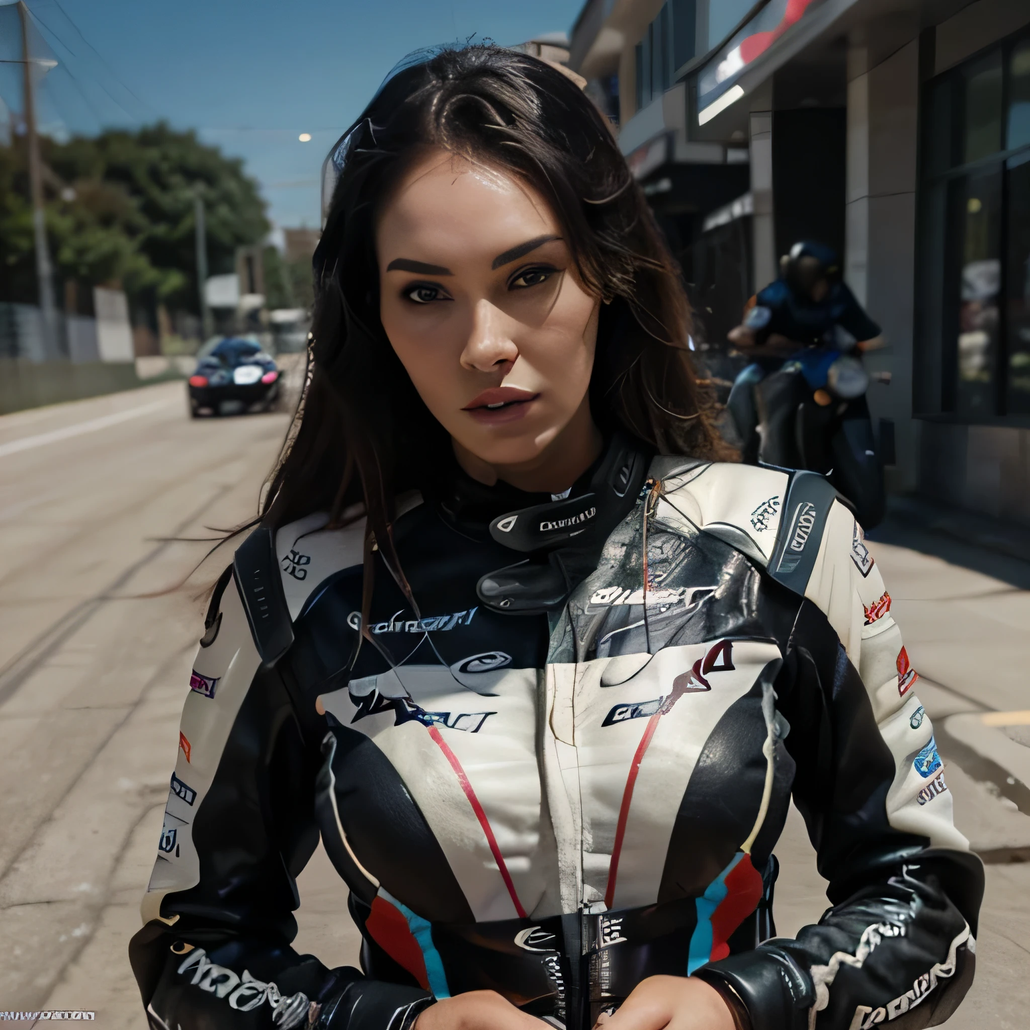 Megan Fox a highly detailed photo of wearing a šport , beautiful detailed eyes, beautiful detailed lips, extremely detailed face, long eyelashes, intricate leather textures, dynamic motorcycle racing pose, cinematic lighting, dramatic shadows, hyperrealistic, 8k, photorealistic