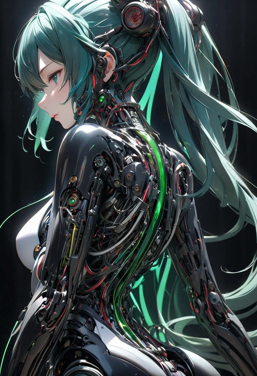 Portrait of a Hatsune Miku with a black mechanical body,She stands in the darkness, shiny and beautiful.A beautiful mechanical body right down to the neck,The black mechanical body is a beautiful and realistic mechanical depiction.Emerald green blood vessel-like thin tubes They are connected in many ways like art on the neck spine waist etc.The background is black, light coming from the background mysteriously illuminates the woman's body and the tubes.The woman's body arches back, creating a beautiful line, her face is impersonal,medical expressions,Side view,(Masterpiece, Best Quality4k、8k,:1.2)、High quality, high precision images,Ultra detail,3dCG concept art、Android