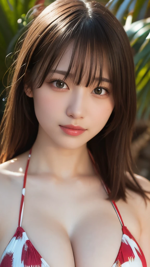 8k,Highest quality,(masterpiece:1.2),(Realistic),(Realistic:1.37),Ultra-high resolution,1 high school girl,smile,((Big Breasts)),Beautiful Eyes,(((Cute Bikini))),Tropical Beach,Perfect body,Perfect Fingers,Professional Lighting,gravure,Detailed face and skin texture,fine grain,RAW Photos