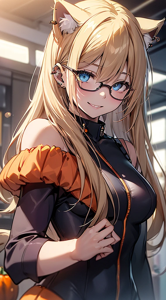 top-quality、Top image quality、in 8K,4K,masterpiece、(NSFW:1.2)、ultra-detailliert、Beautiful、ultra-quality、cute little、Style like a model、girl with(((18year old、cat ear、Halloween Costumes:1.3、zero suit、Bust 92、a blond、Straight hair around the shoulders、Blue eyes、eye glass、Happiness、Ear-piercing)))、hiquality、visualart、Background with((Halloween:1.2))、masutepiece、bustup