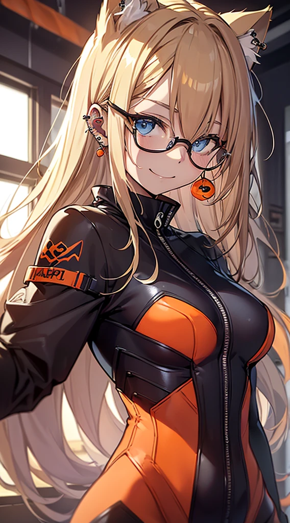 top-quality、Top image quality、in 8K,4K,​masterpiece、(NSFW:1.2)、ultra-detailliert、Beautiful、ultra-quality、cute little、Style like a model、girl with(((18year old、cat ear、Halloween Costumes:1.3、zero suit、Bust 92、a blond、Straight hair around the shoulders、Blue eyes、eye glass、Happiness、Ear-piercing)))、hiquality、visualart、Background with((Halloween:1.2))、masutepiece、bustup