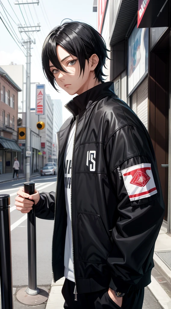 masterpiece, One boy, Great style, Urban Streetwear Outfit, Outdoor, Upper Body, sasuke uchiha, Grey Eyes, Black Hair, かっこいい男の子Black Hair, Filmographyを隠す髪, Filmography