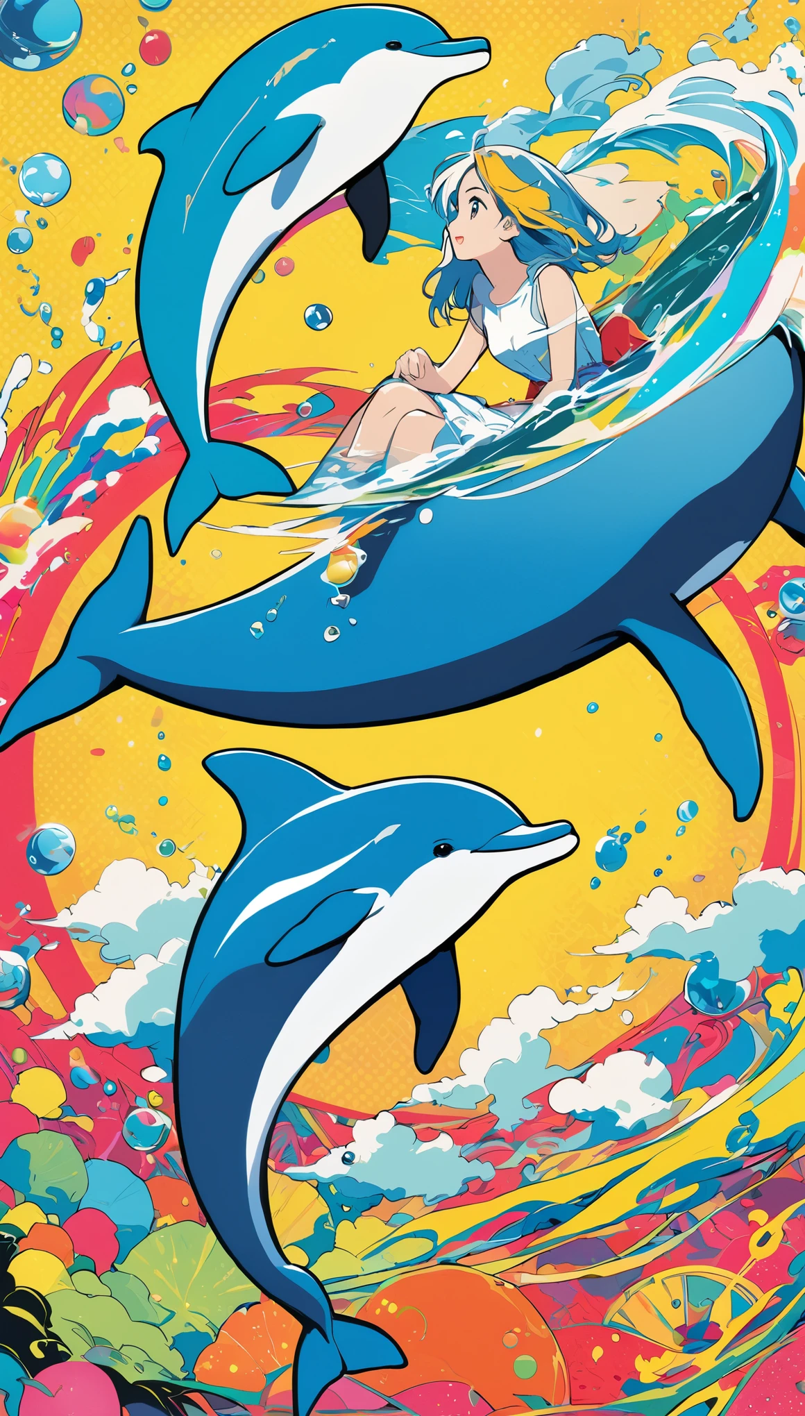 Pop Art,(masterpiece:1.2),Amazingly absurd,number々Awards for,Works by famous artists,Dolphin and girl、A dolphin appears from the girl's right、3dart,Digital Art,In the water,Works with a sense of transparency