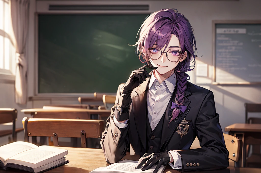 men's,single braid hair,violet colored hair,(Eye 1:2,Clear eyes,Elaborate Eyes,Delicate pupils,Good eyes,eye detailed),Face Focus,Adult,In black suit,best qualtiy,facial detailing,Classroom,sit on desk,sitting in the couch,lazy,Detailed background,diffuse sunlight,depth of fields,Studying Smiling at your desk, violet eyes,black gloves, round glasses, long sleeves,violet hair, smile,