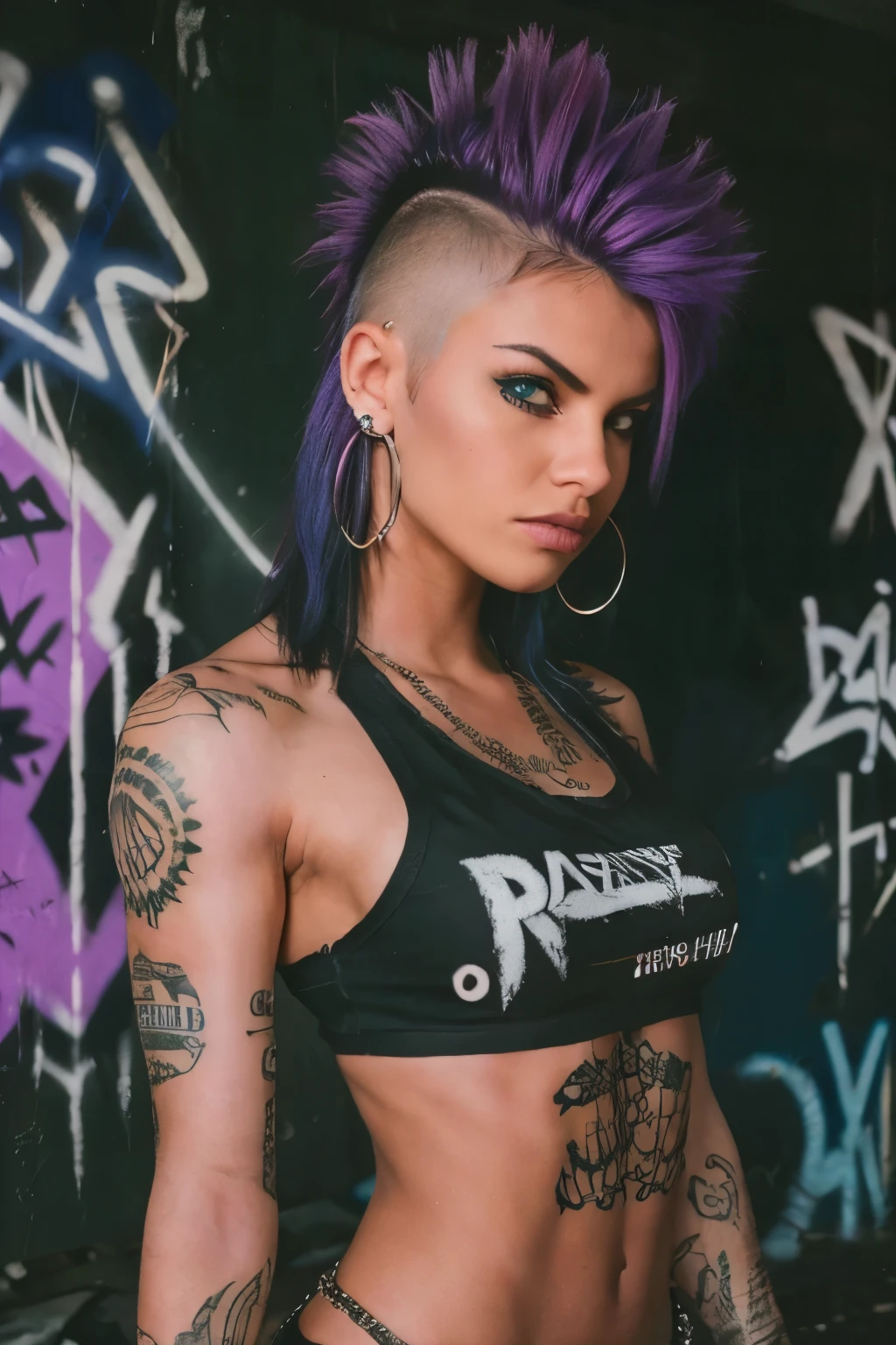 Photorealistic, ultra-detailed, ((side viewer )), ((Rocker punk girl, spiky mohawk hair)) girl, (((hot Bod, Brazilian Girl, ABS, tattoo))), t-shirt nipples, t-shirt Written "666".portrait photo, grunge, Solo, dimly lit room, edgy urban scene with graffiti, dark and moody, late evening, city lights flashing, neon lighting The essence of rock and roll, Spike hair, 18 years old, assertive, confident expression, showcasing multiple piercings, blurry background, analogue style, grunge texture, Best contrast, industrial, Instagram LUT, Professional, 4k, electrifying gaze, shot on Nikon, 50mm, shallow depth of field,  ((Abandoned Graffiti Wall Background, cinematic lighting )).