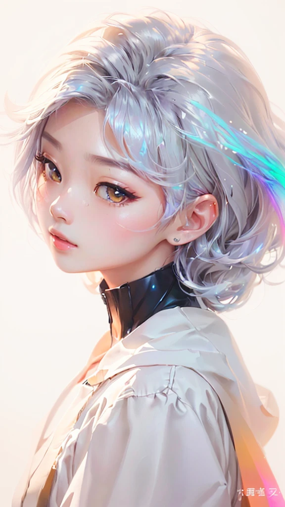Close-up of a gray-haired person wearing a rainbow colored wig, guweiz style artwork, Anime styled digital art, Anime style. 8K, Digital Anime Illustration, Digital Animation Art, rossdraws bright pastels, Beautiful anime portrait, Anime styled 3d, Anime girl with cosmic long hair, Anime style portrait, illustration iridescent