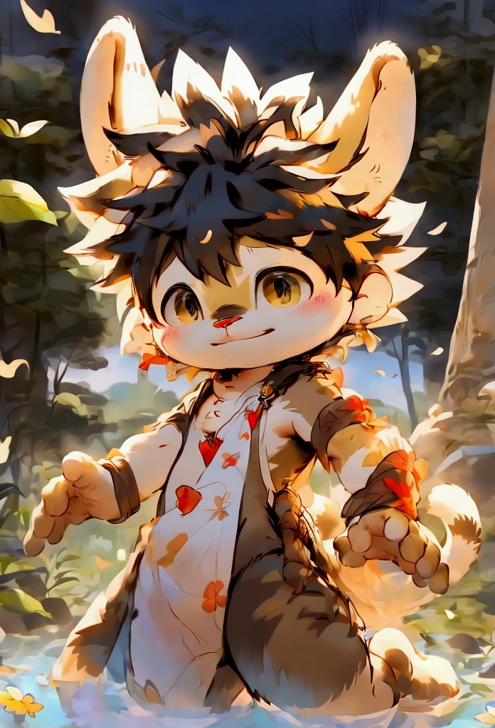 masterpiece，best quality，Gauss，Practical， 1 boy，Male focus，solitary， （Delicate eyes and delicate face） , （Handsome face） , （Perfect anatomical structure） ，Thick eyebrows，Short hair details，Very fine details， 4K , 8K ，Light，Amazing Art，Beautiful scenery  , （Deer bathing in a clear mountain spring） , （blue or white or red sexy） ，moisture，The tree，Rios，Short hair details，view，Colorful Light，Very shy，Right hand，Beautiful flowers and green leaves，antlers，Deer Boy，Toddler，byPino Deheni, dance, Milk Tiger 1145, dagger, Yes，