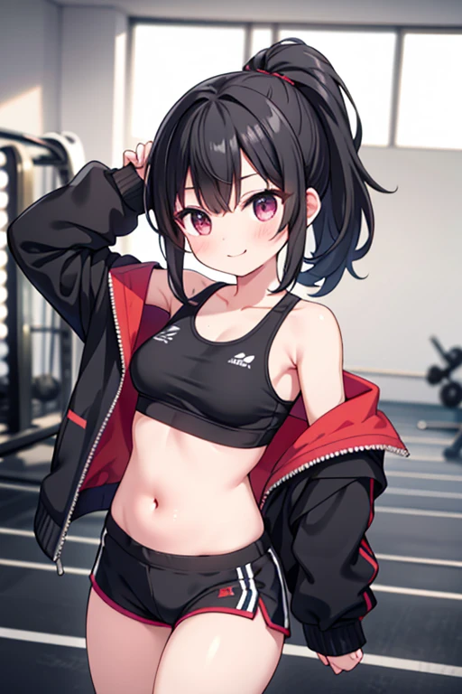 girl、Small breasts、Black Hair、Iris、ponytail、Red sports bra、belly button、Black shorts、Wear a black jacket、smile、Pull up your sports bra、Gym Room