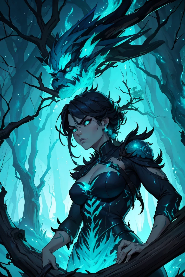 Maokai if he were a woman in life, treant, dark islands, mist, clothing with wood, tree branch on it, wooden ornament, blue aura, nature spirit, consumed by anger, embodies vengeance, wicked, angry face, glittering turquoise eyes, black outfit with turquoise sparkles