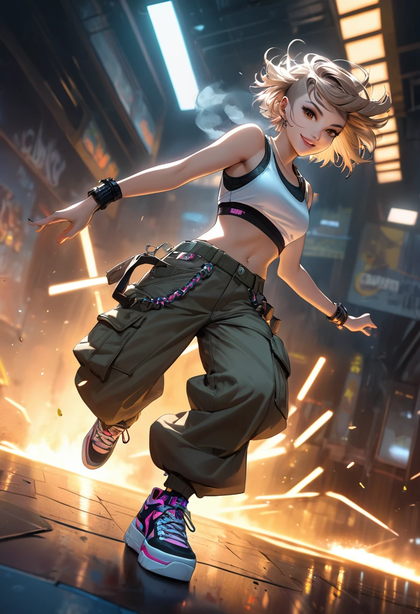 A cute lady, solo, breakin dancer, power movements, strenuous movements, Dynamic Motion Blur, cyberpunk, bright smile, lips apart, (punk color short hair, brown eyes), (crop top, cargo pants, sneakers), Fluttering hair, atmosphere full of steam, professional lighting, Dynamic action scenes