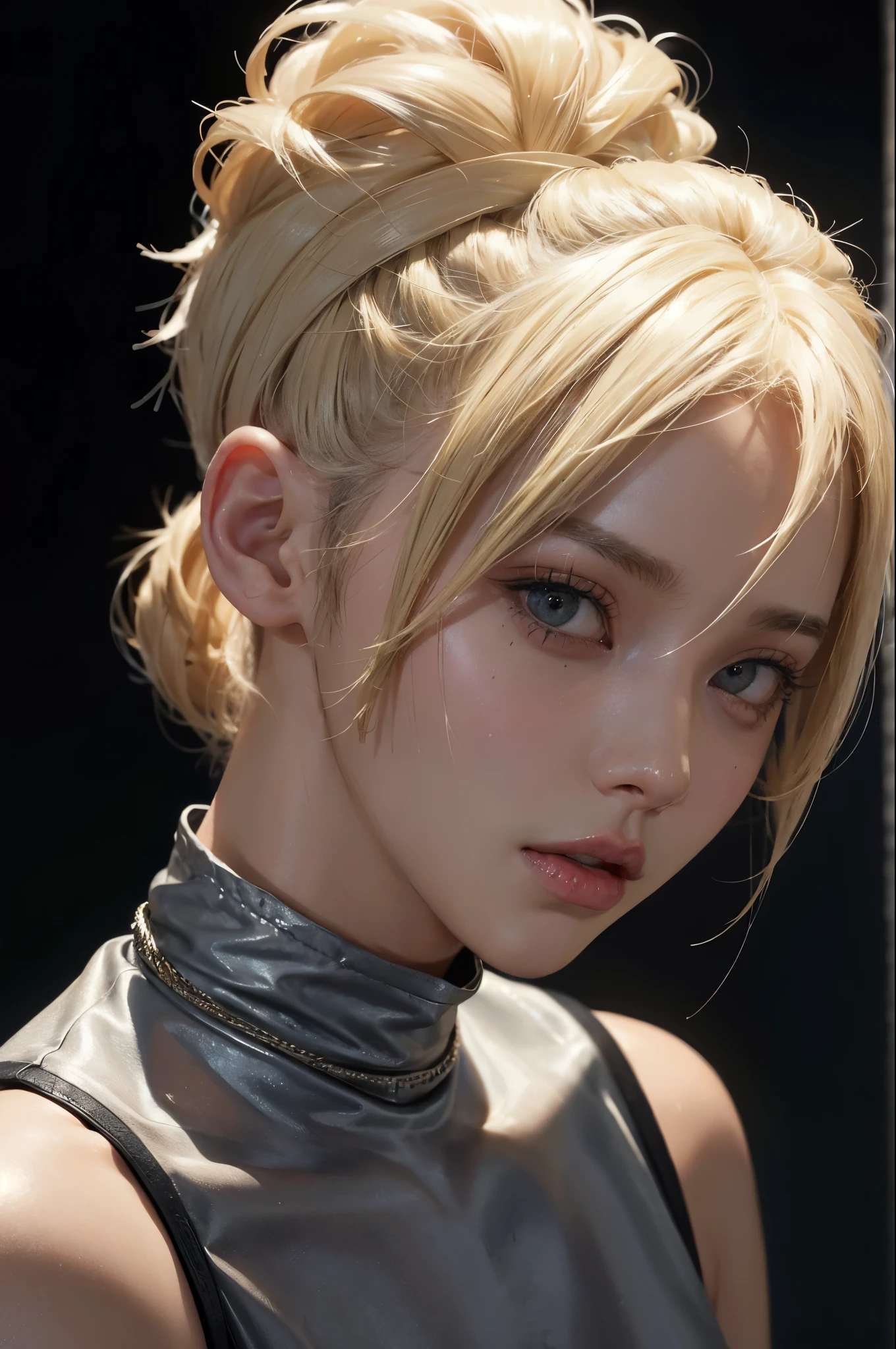 a 20 yo woman, blonde, (hi-top fade:1.3), dark theme, soothing tones, muted colors, high contrast, (natural skin texture, hyperrealism, soft light, sharp)