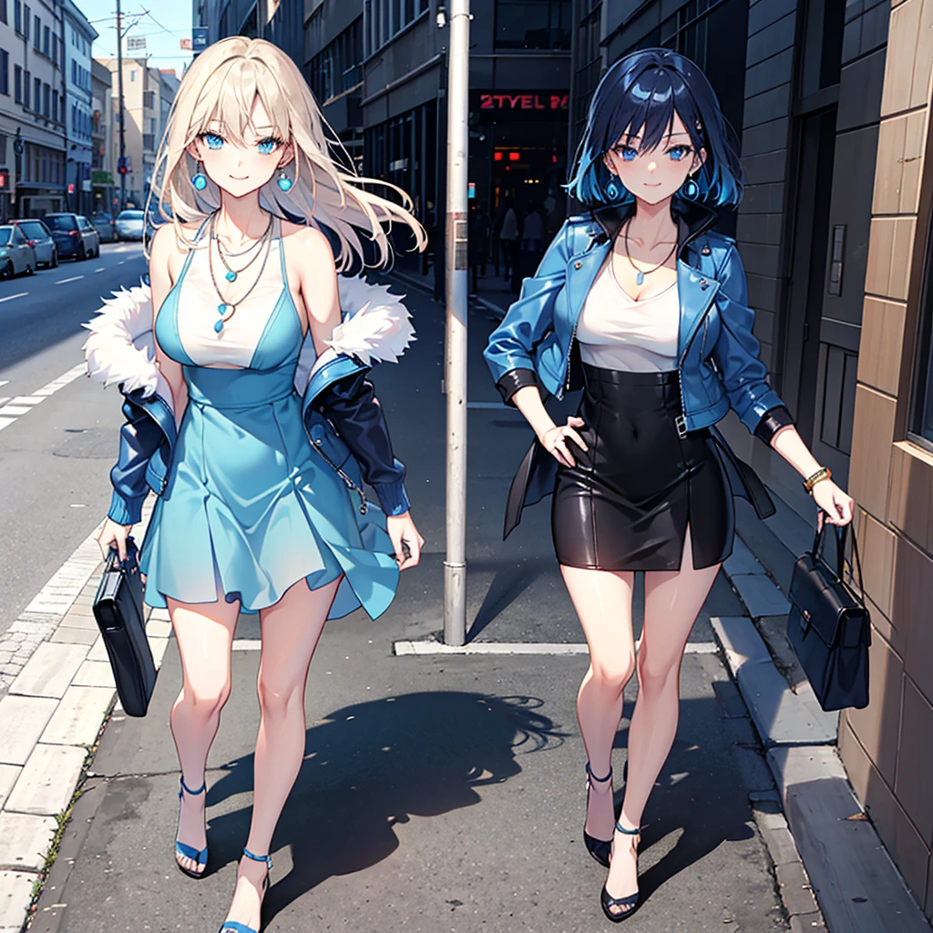 High resolution, High resolution,2D anime style,,cool woman,mature look,,beautiful thighs,twentieth generation,long blue xlor fur ,blue eyes,beautiful watch,Beautiful earrings,Beautiful necklace,casual fashion,Blue leather jacket, She was wearing a dress that exposed her shoulders...,he is smiling a little,whole body,Walking around the city, Full body character.
