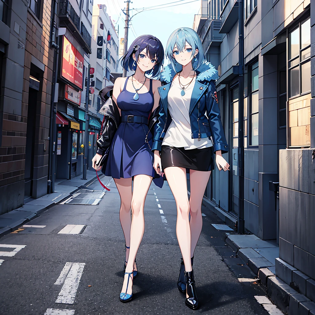 High resolution, High resolution,2D anime style,,cool woman,mature look,,beautiful thighs,twentieth generation,long blue xlor fur ,blue eyes,beautiful watch,Beautiful earrings,Beautiful necklace,casual fashion,Blue leather jacket, She was wearing a dress that exposed her shoulders...,he is smiling a little,whole body,Walking around the city, Full body character.
