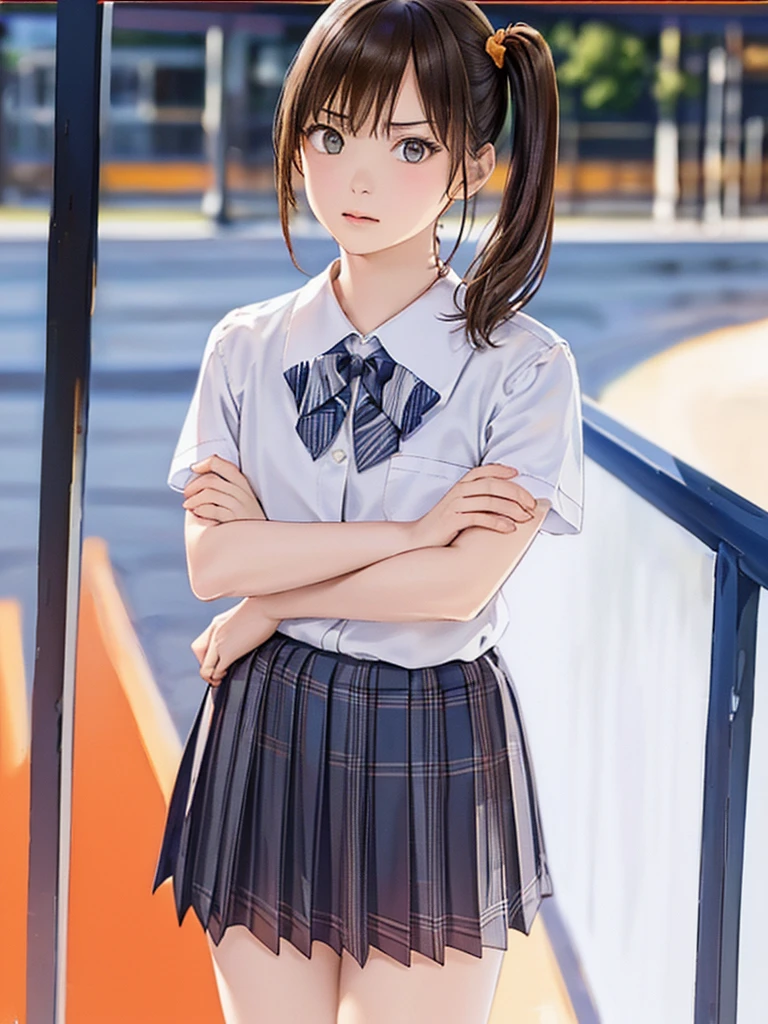 (Highest quality、8k、32K、masterpiece)、(Realistic)、(Realistic:1.2)、(High resolution)、Very detailed、Very beautiful face and eyes、(((Women's Solo Shot)))、Tight waist、(Highest quality、Attention to detail、Rich skin detail)、(Highest quality、8k、Oil paints:1.2)、(Realistic、Realistic:1.37)、Bright colors、(((Cowboy Shot)))、(((Bob Hair)))、(((Medium Hair)))、(((Side Ponytail)))、(((I'm a little angry)))、(((Brown Hair)))、((Collared short-sleeved shirt, White shirt, , Grey plaid pleated skirt, Blue checked bow tie), )、(((Schoolyard at dusk)))、(((Arms crossed、Standing with your legs apart、)))、(((Orange sky)))、