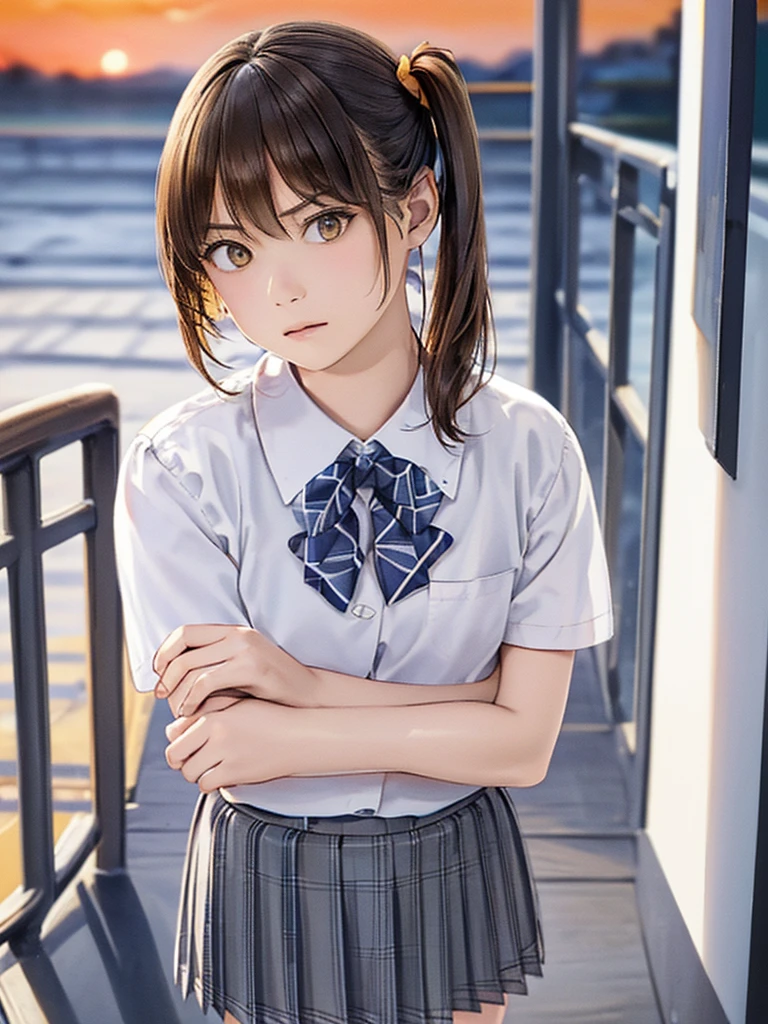 (Highest quality、8k、32K、masterpiece)、(Realistic)、(Realistic:1.2)、(High resolution)、Very detailed、Very beautiful face and eyes、(((Women's Solo Shot)))、Tight waist、(Highest quality、Attention to detail、Rich skin detail)、(Highest quality、8k、Oil paints:1.2)、(Realistic、Realistic:1.37)、Bright colors、(((Cowboy Shot)))、(((Bob Hair)))、(((Medium Hair)))、(((Side Ponytail)))、(((I'm a little angry)))、(((Brown Hair)))、((Collared short-sleeved shirt, White shirt, , Grey plaid pleated skirt, Blue checked bow tie), )、(((Schoolyard at dusk)))、(((Arms crossed、Standing with your legs apart、)))、(((Orange sky)))、