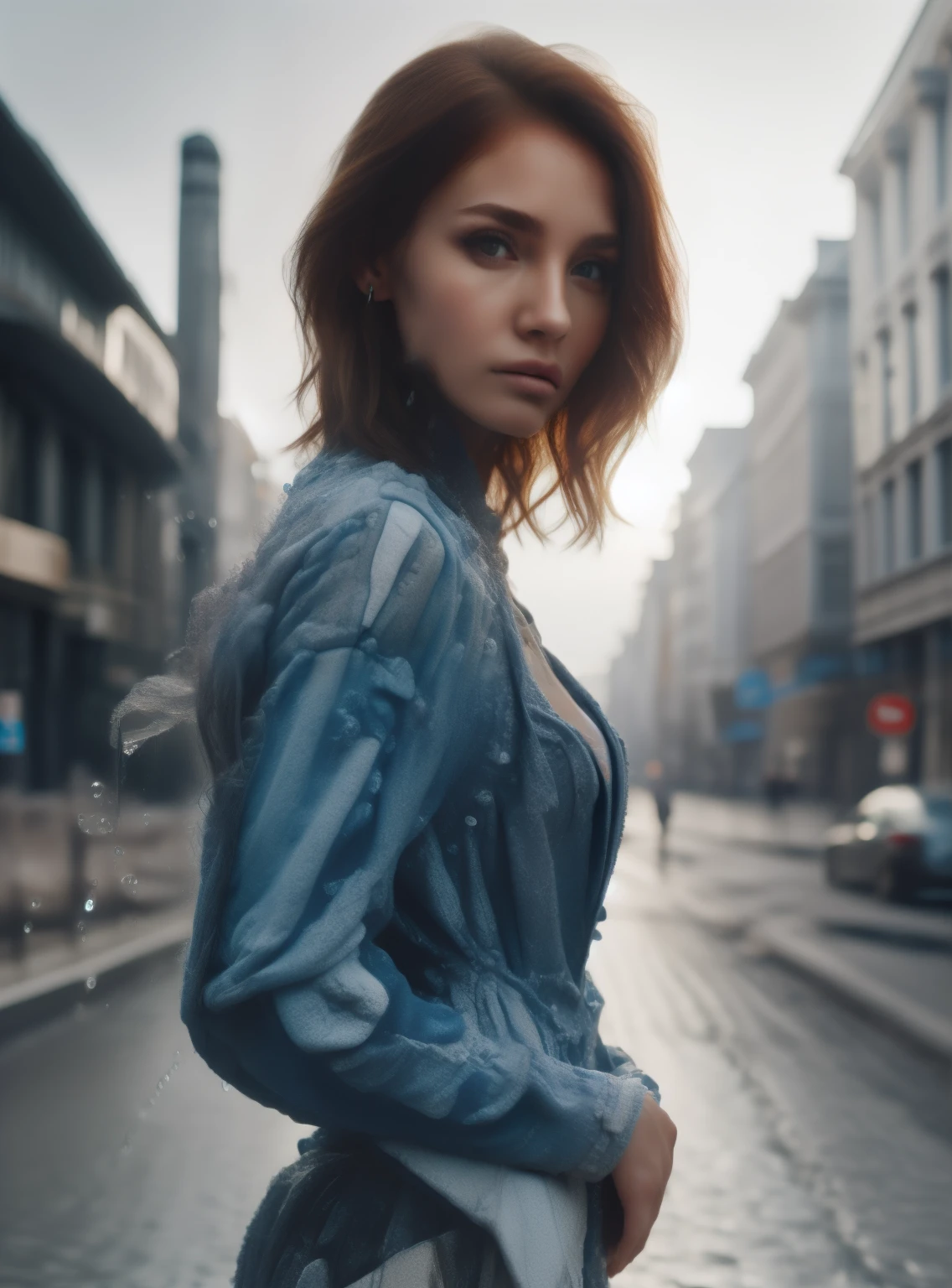 professional photo, 1girl, short ginger hair, jacket made of blue water, water drops, complex street background, 8k uhd, dslr, high quality, (intricate details:0.9), (hdr, hyperdetailed:1.2)
