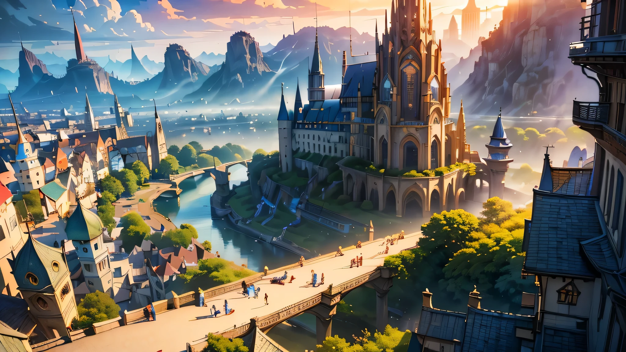 ((masterpiece, Highest quality, employment, Amazing details, Super detailed 1.1)), figure, Trending on Art Station, Fantasy city panorama, Densely populated city, Incredibly tall spire, Unique buildings, Concept Art, Studio Ghibli, Lens flare, Beautifully presented, Sunset skyline