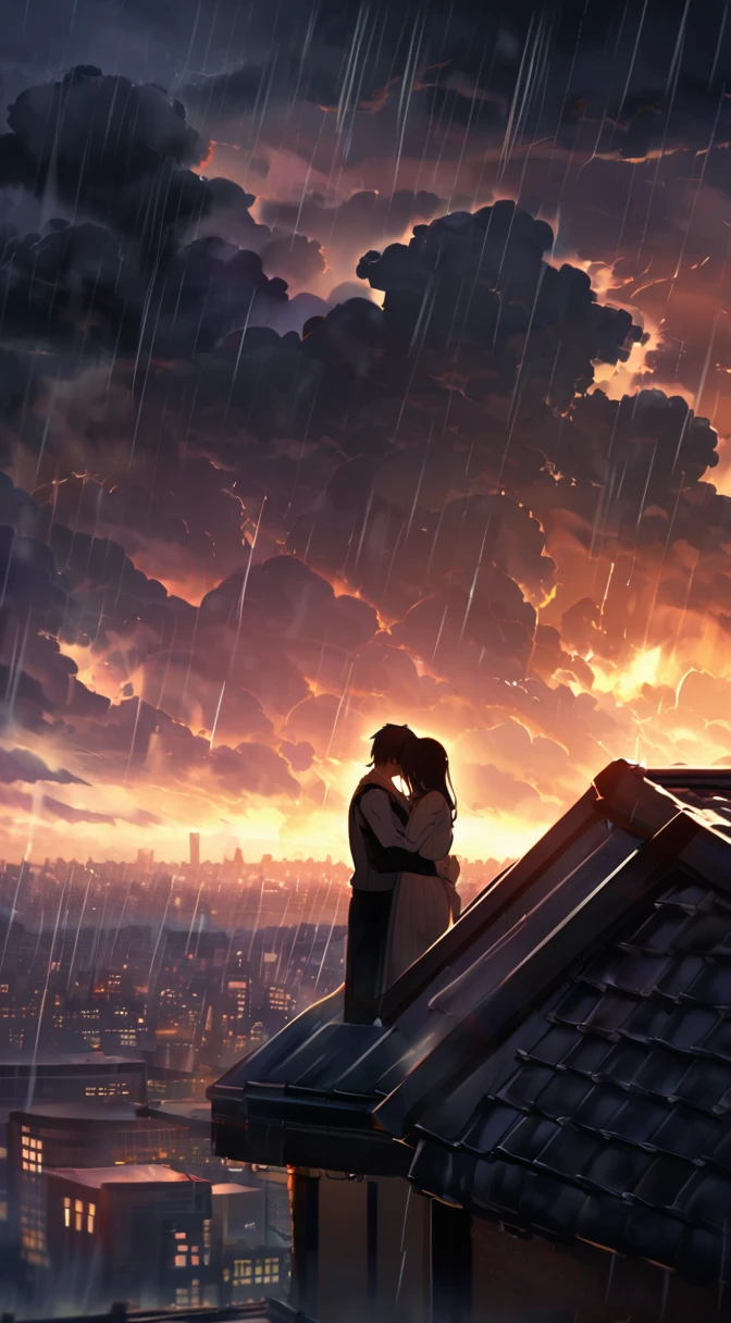 "Create a romantic scene where a couple is standing in an embrace on a rooftop during a rainstorm. Above them, dark clouds form a heart shape, with a city skyline visible in the background. The atmosphere should be both dramatic and intimate, with warm hues of the setting sun casting a soft glow on the couple, contrasting with the dark, stormy sky. The rain should add a sense of melancholy and romance, as if the world around them fades away, leaving only the couple in their own moment of love."