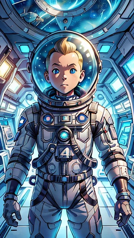 (1man, Tintin,1boy), (extremely detailed CG unit 8k wallpaper),(master part), (best quality), (ultra detail), (best illustration),(alchemypunkai), cowboy shot,(Sharp eyeliner, ombre, detailed eyes:1),Outer Space Station interiors background,break,(astronaut in a space suit),upper body,short hair,blonde hair, 